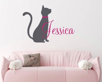 Cat Sillhouette with Child's Name Nursery Wall Decal 